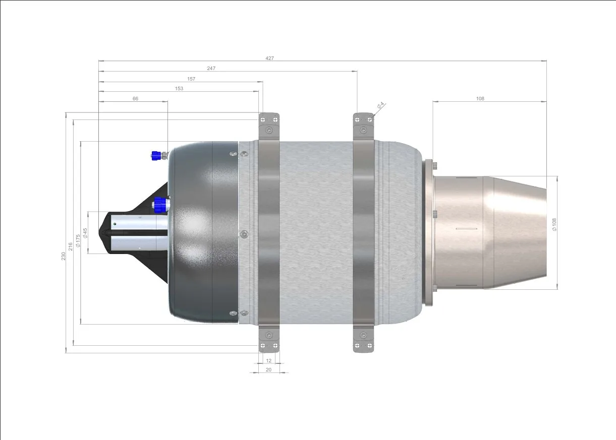 Dimensioned engineering view of a compact turbine assembly